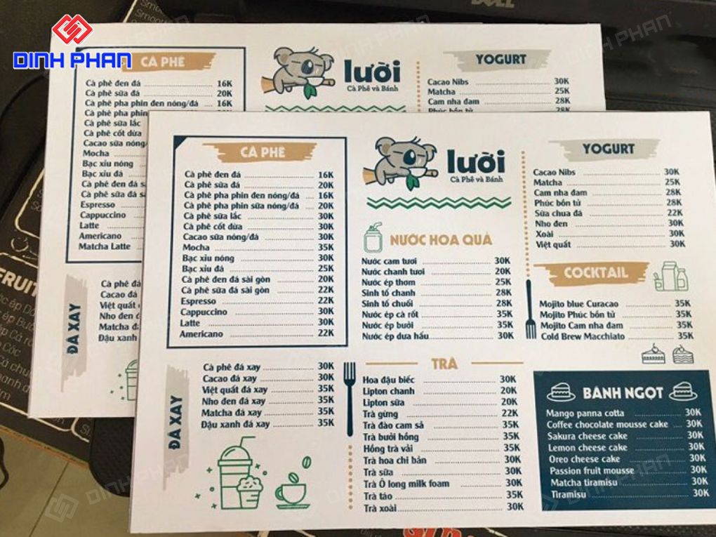 In thực đơn menu